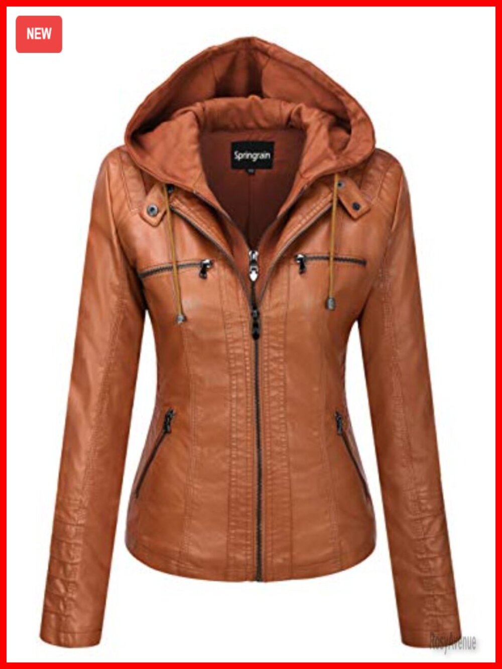 Faux Leather Moto Biker Jacket Removable Knit Hood Zip Pockets